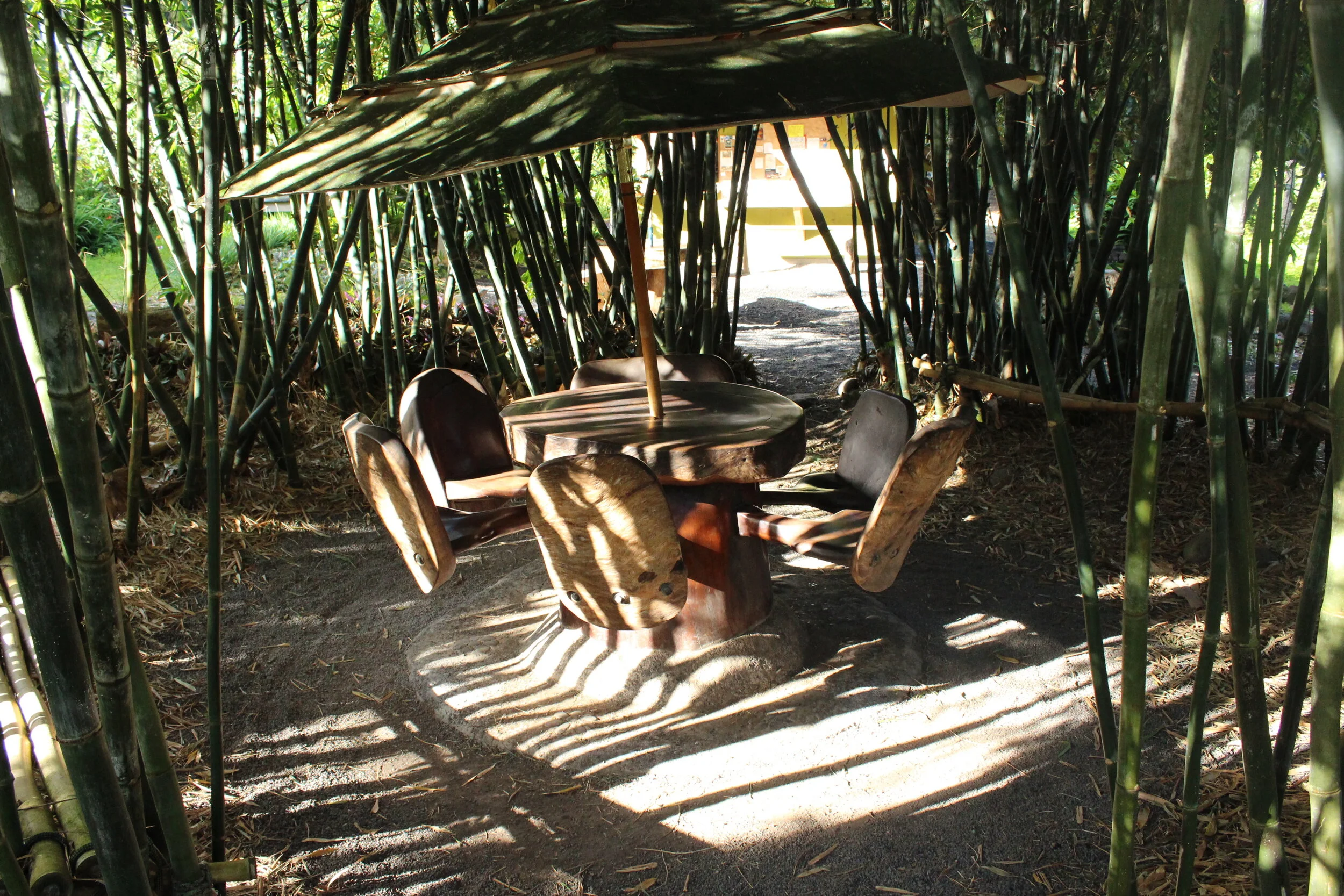 Wooden round table with chairs and an umbrella in a bamboo grove