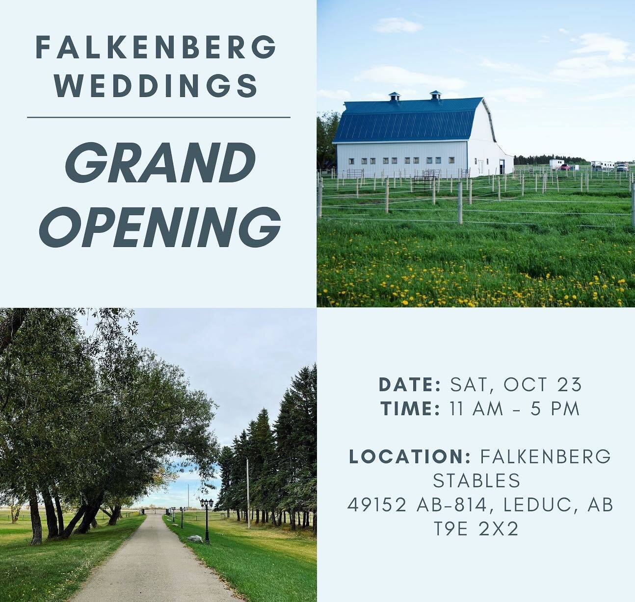 Save the date! 🤩 Join us in celebrating the opening of our romantic 1917 wedding barn overlooking a private equestrian facility. 

Stop by anytime on Sat, Oct 23 for a facility tour, vendor booths, food &amp; drinks and more! 💕