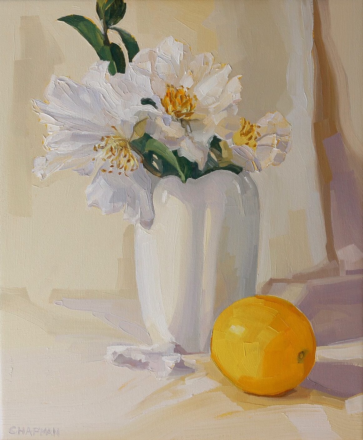 I have been further exploring the painting of white flowers and mixing all the tonal whites that comes with that. Here are more of my mother&rsquo;s white camellias and my homegrown lemon. 

Citrus and Camellia Blooms
Oil on canvas
Americal Oak Float