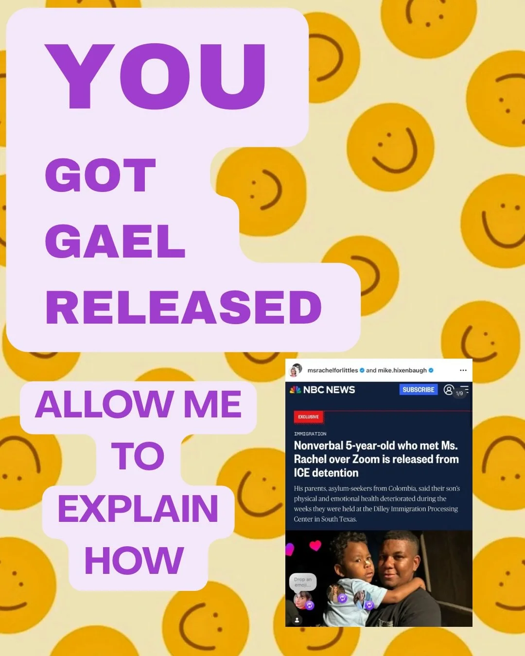Gael was once in ICE detention in Dilley and hadn't pooped in 9 days. Ms. Rachel the (@msrachelforlittles) has joined our fight and helped advocate for his release.