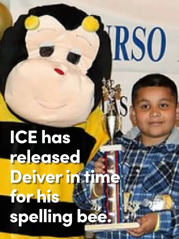 Deiver was so cruelly detained in ICE detention in Dilley. ⁣He is now released and can participate in his spelling bee. 