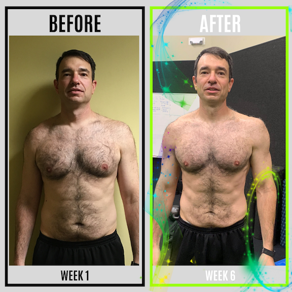 Before and after picture of a fitness client's transformation from out of shape to ripped