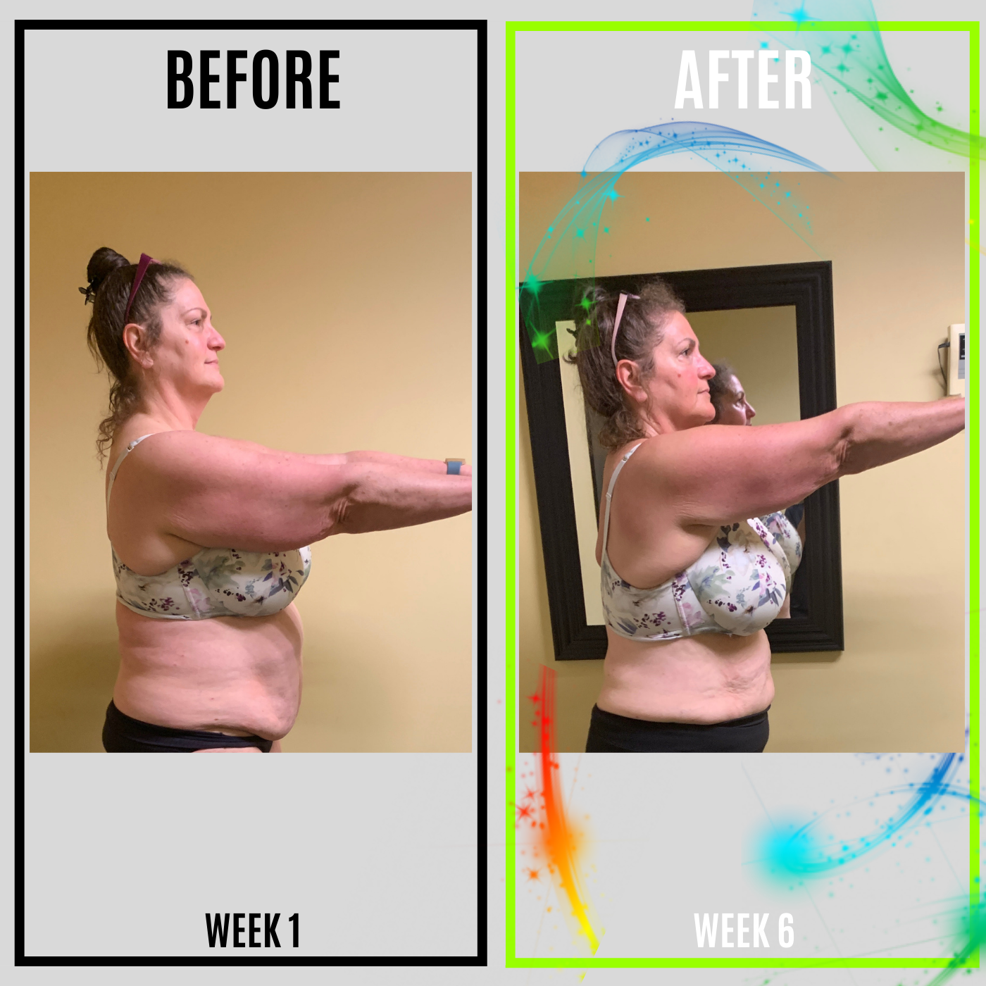 Before and after picture of a fitness client's journey to a leaner and more toned physique