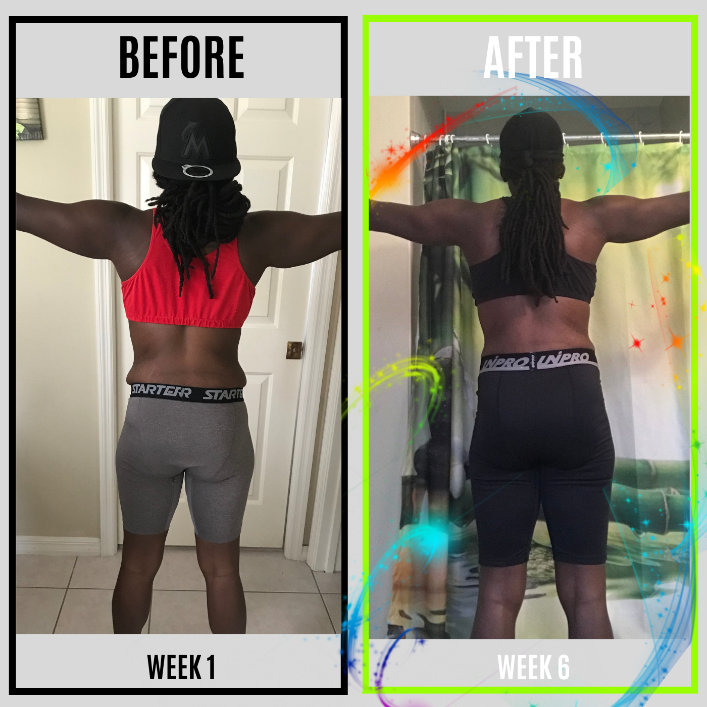 Impressive before and after image of a fitness client's weight loss and muscle gain