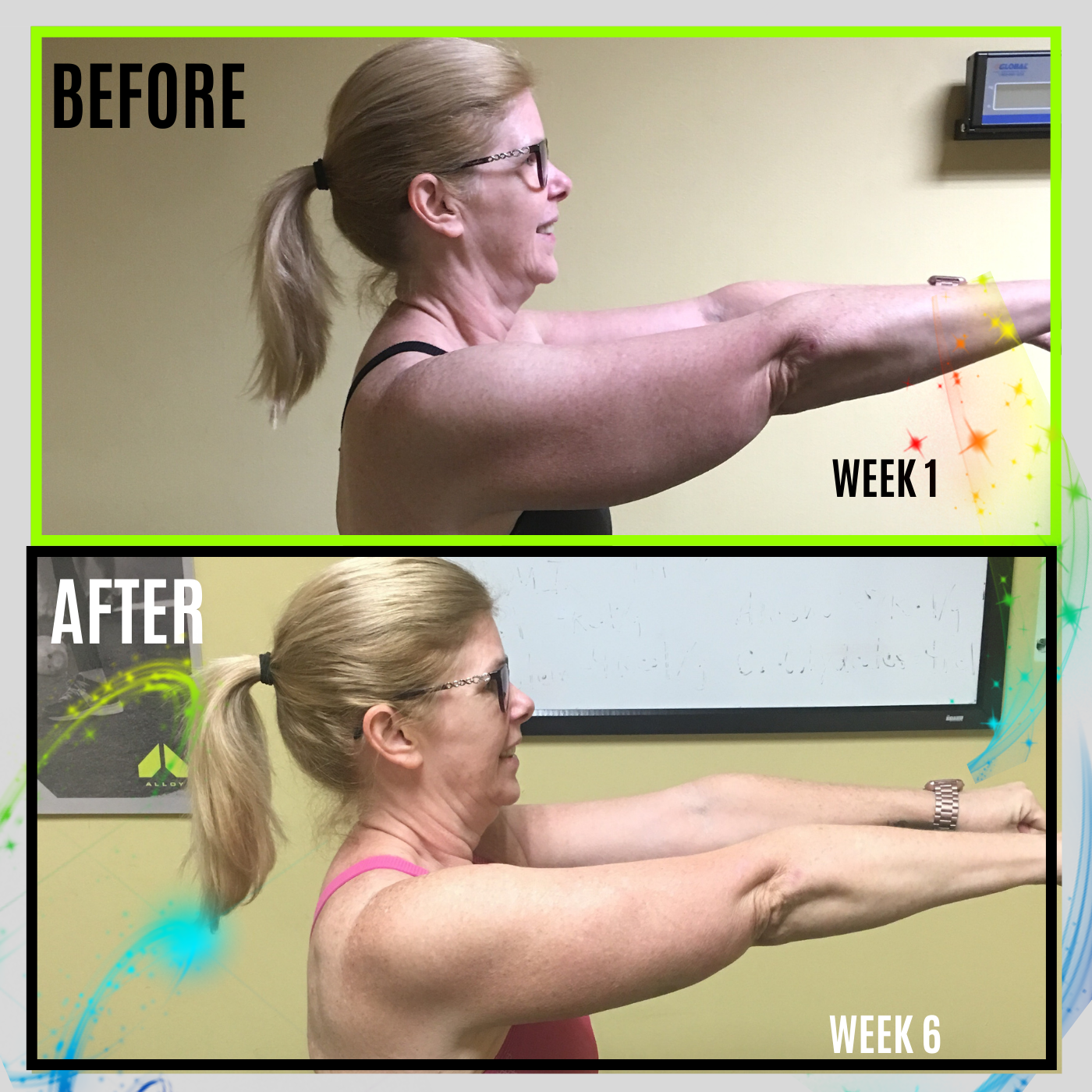 Before and after image showcasing a fitness client's transformation from average to extraordinary