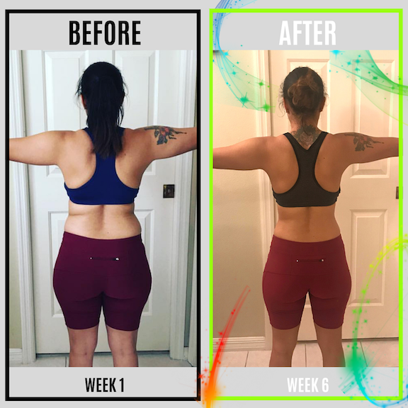 Before and after image of a fitness client showing significant weight loss and muscle gain