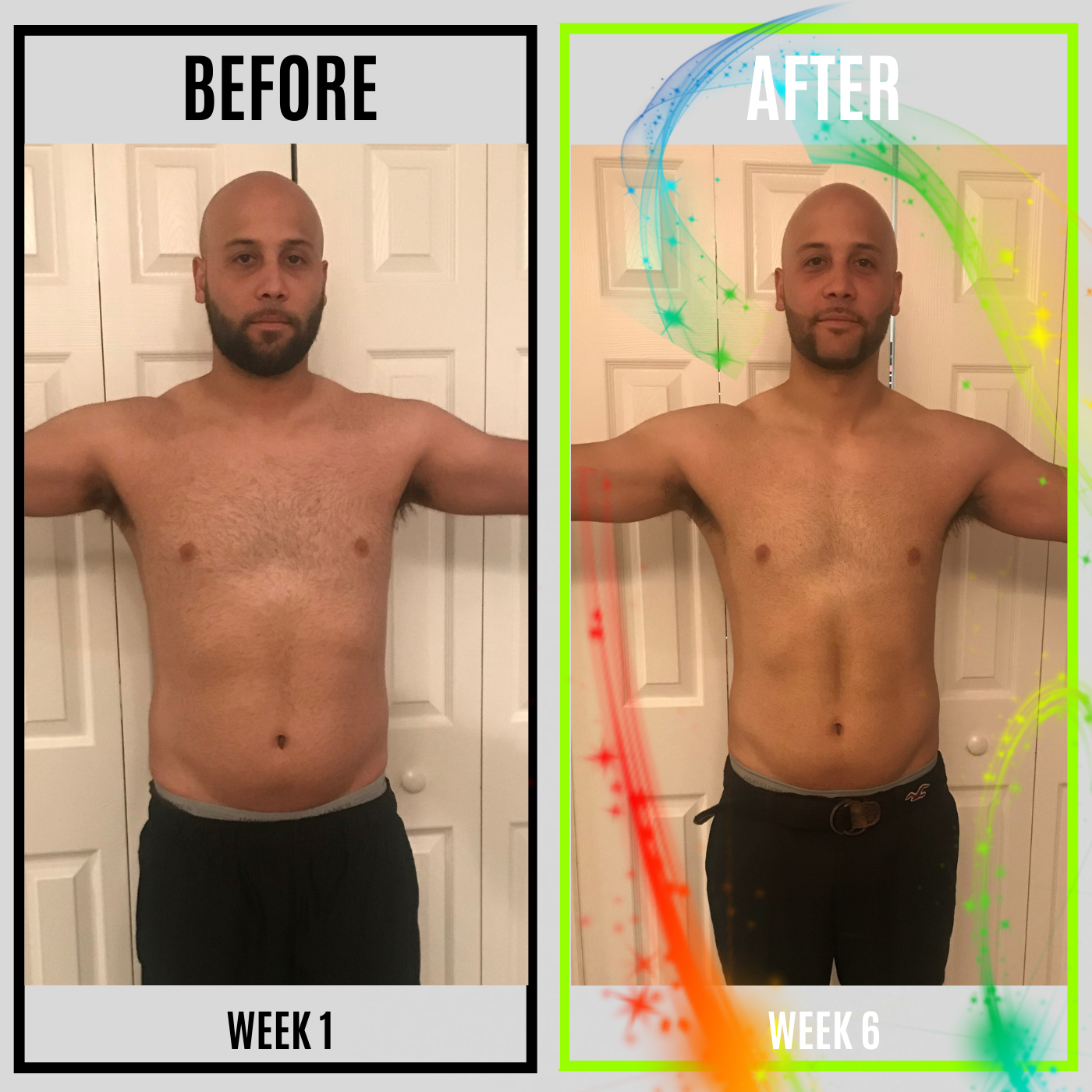 Fitness client's progress from flabby to fit in this before and after image