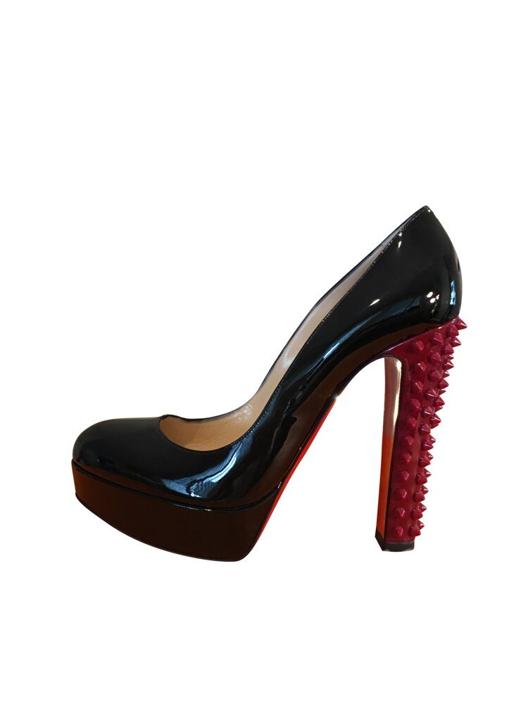 CHRISTIAN LOUBOUTIN "TACLOU"- BLACK PATENT LEATHER WITH PLATFORM AND RED SPIKED-HEEL — Juanita World | Shop Authentic Designer Goods