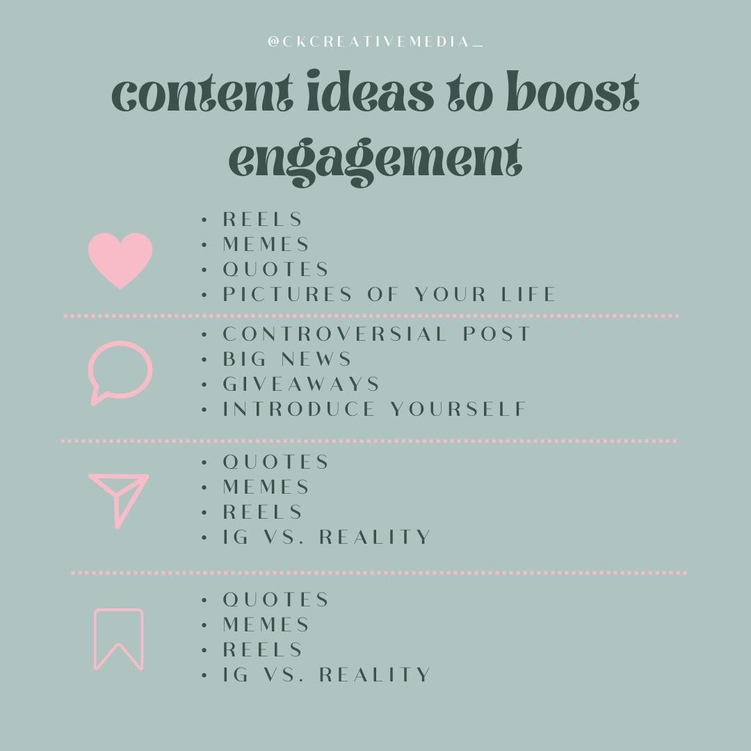 Are you in need of ideas to help you boost engagement on Instagram?

Don't worry, I got you 🙋🏻&zwj;♀️

Here are my top content ideas to help you get more likes, comments, shares and saves!

Have I missed any? Leave your thoughts in the comments bel