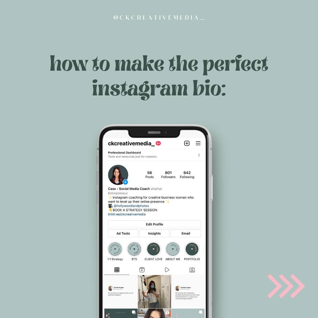 Did you know that your Instagram bio is prime real estate?

It is your first chance to make an impression on your followers and clients. 

Swipe to read my top tips for making a perfect Insta bio 👉

Need some more help? Book in a 1:1 social strategy