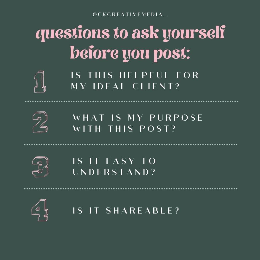 Do you post on Instagram just for the sake of posting?

It is so important that your posts are purposeful and targeted at your ideal audience.

These are the top four questions I ask myself before I post anything! 
.
.
.
.
#ckcreativemedia #smallbusi