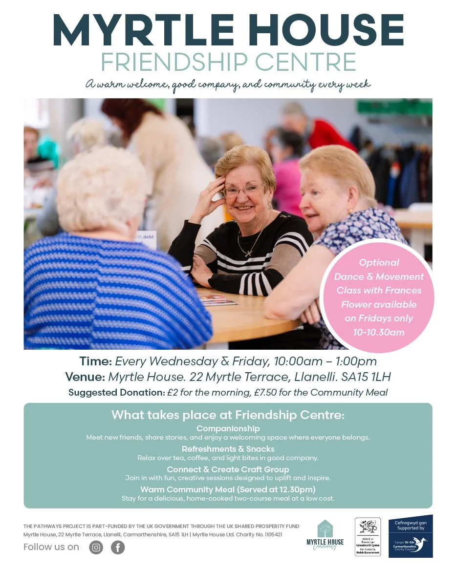 You&rsquo;re invited to Friendship Centre at Myrtle House!

We&rsquo;re now open every Wednesday &amp; Friday, 10am&ndash;1pm &mdash; and we&rsquo;d love for you to join us!

Friendship Centre is a warm, welcoming space where anyone can come along fo