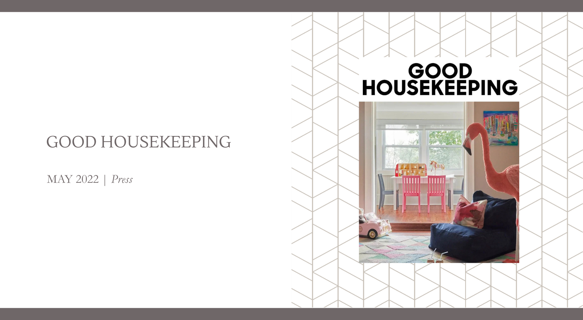 Good Housekeeping feature showcasing a colorful children’s playroom with pink chairs, playful décor, and family-friendly design by Georgia Zikas Design.