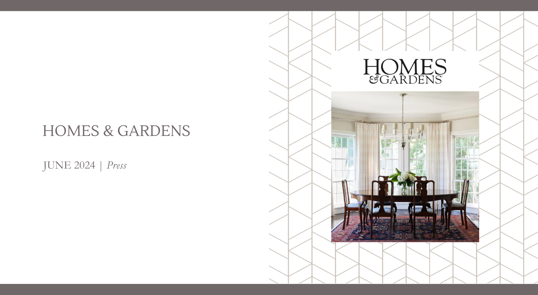 Dining room designed by Georgia Zikas Design featuring a round wood table, classic chairs, chandelier, and large windows, highlighted in Homes & Gardens June 2024 press feature.