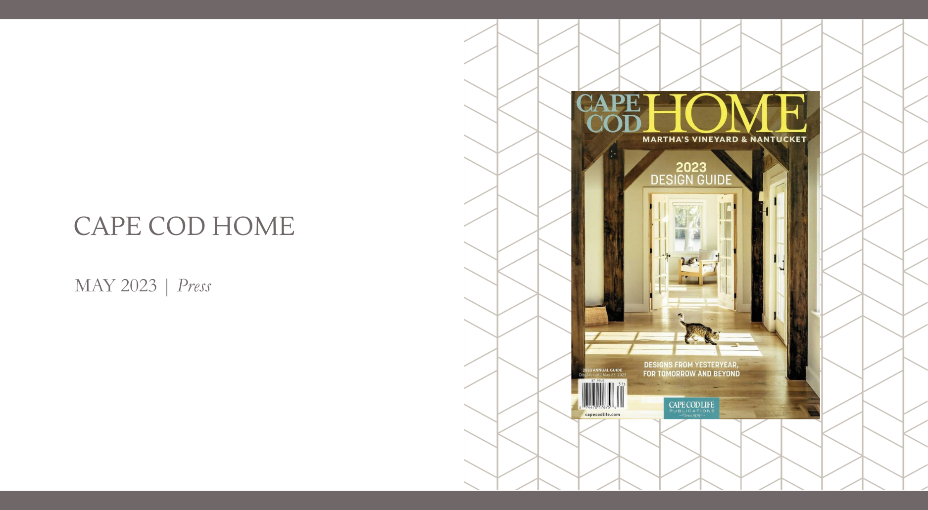 Cape Cod Home magazine May 2023 cover featuring the 2023 Design Guide, highlighting a light-filled coastal interior and architecture.
