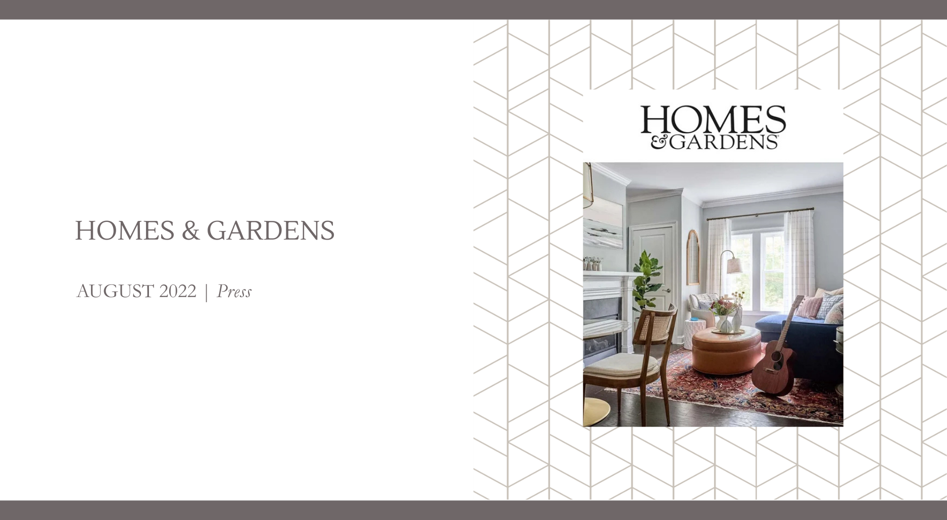 Living room designed by Georgia Zikas Design with soft neutral walls, patterned rug, leather ottoman, and sheer curtains, featured in Homes & Gardens August 2022.