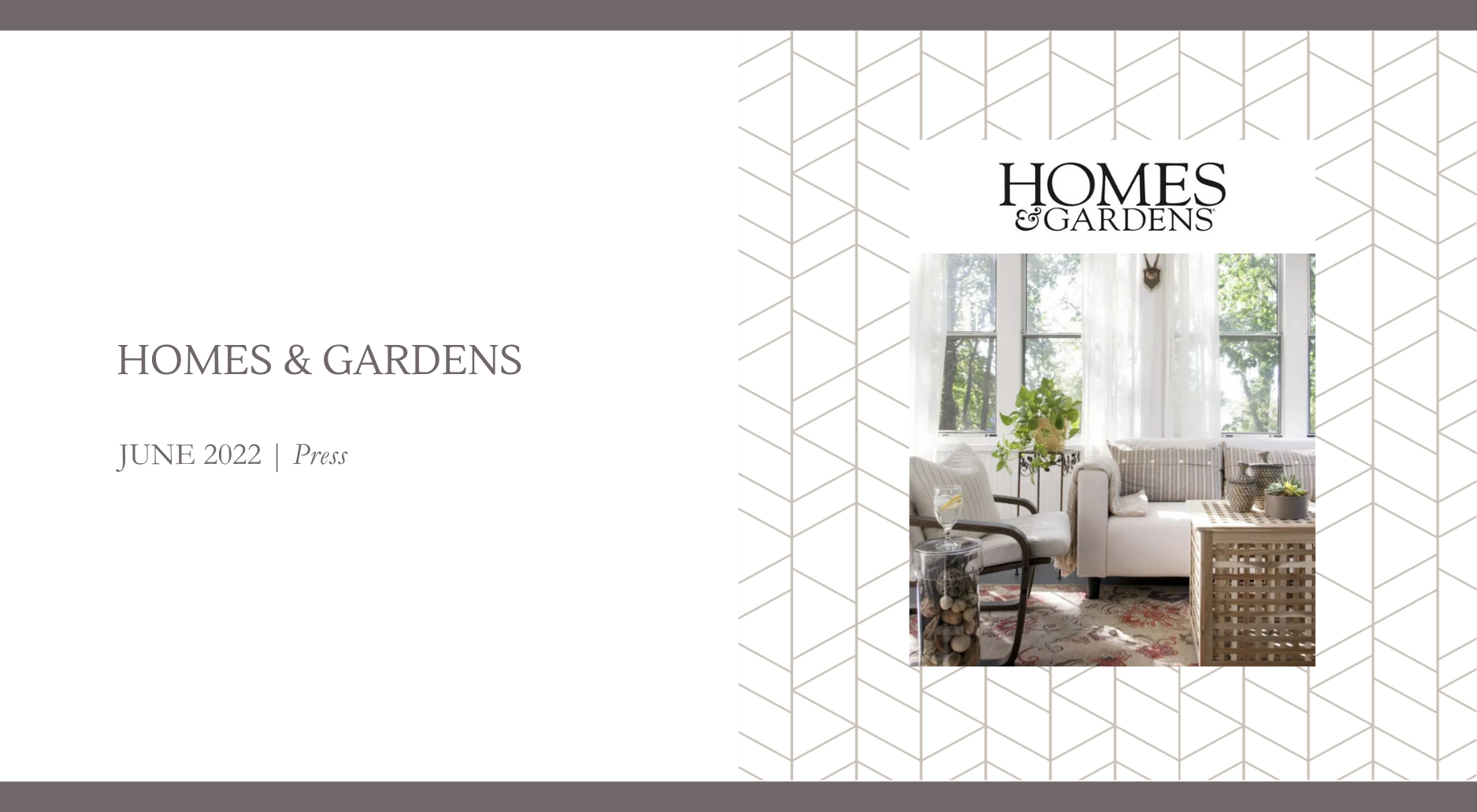 Homes & Gardens June 2022 press feature highlighting a sunlit sitting room by Georgia Zikas, featuring sheer white curtains, a striped sofa, a floral area rug, a woven coffee table, and layered natural textures.