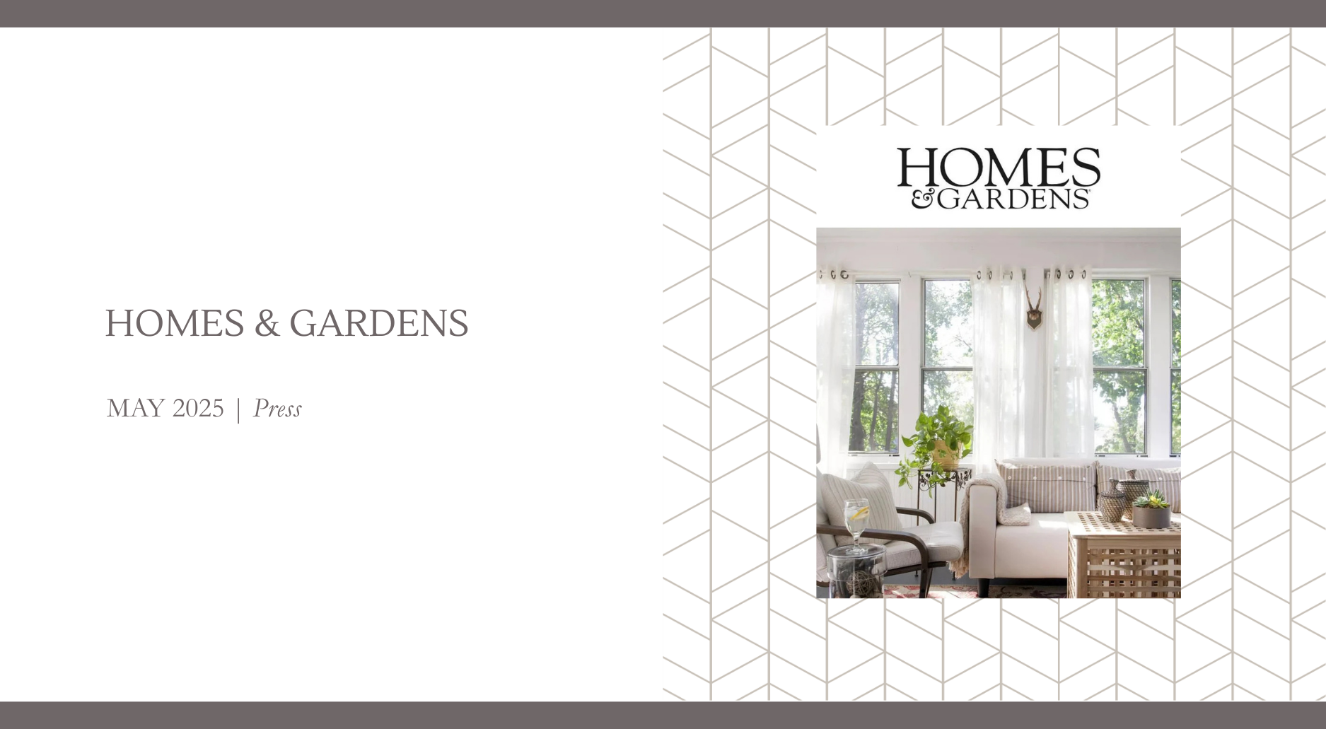 Bright living room with large windows, sheer curtains, neutral sofa, and natural wood coffee table designed by Georgia Zikas Design, featured in Homes & Gardens May 2025.