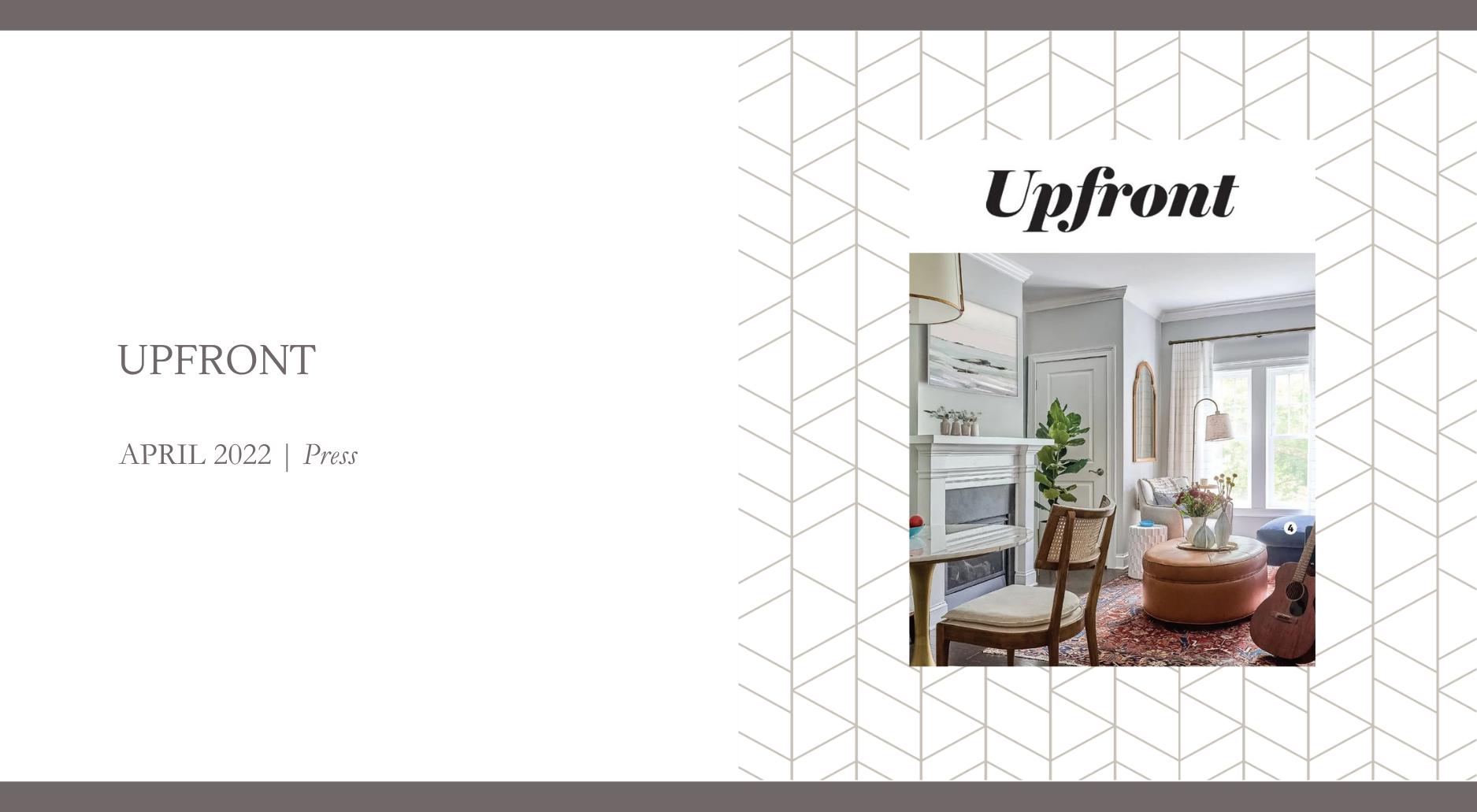 Light-filled living room designed by Georgia Zikas Design featuring a white fireplace, leather ottoman, patterned rug, blue sectional sofa, and a guitar styled in the corner, as featured in the Boston Globe..