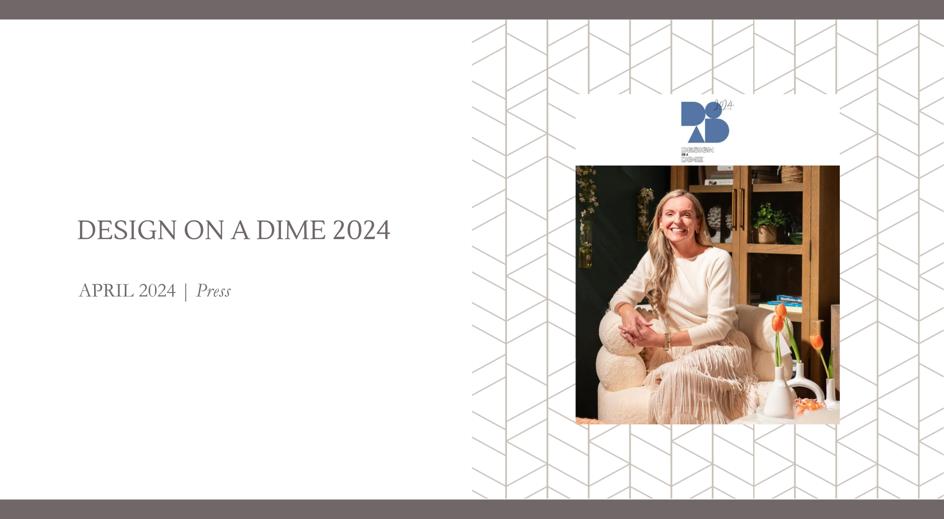 Georgia Zikas at the 2024 Housing Works Design on a Dime event in New York City, seated in her curated vignette featuring warm neutrals, layered textures, and floral accents.