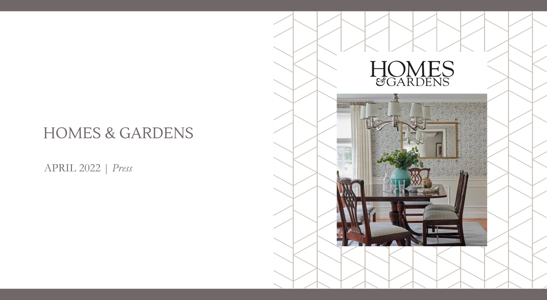 Traditional dining room with wood table and chairs, floral wallpaper, classic chandelier, and decorative mirror, featured in Homes & Gardens April 2022.