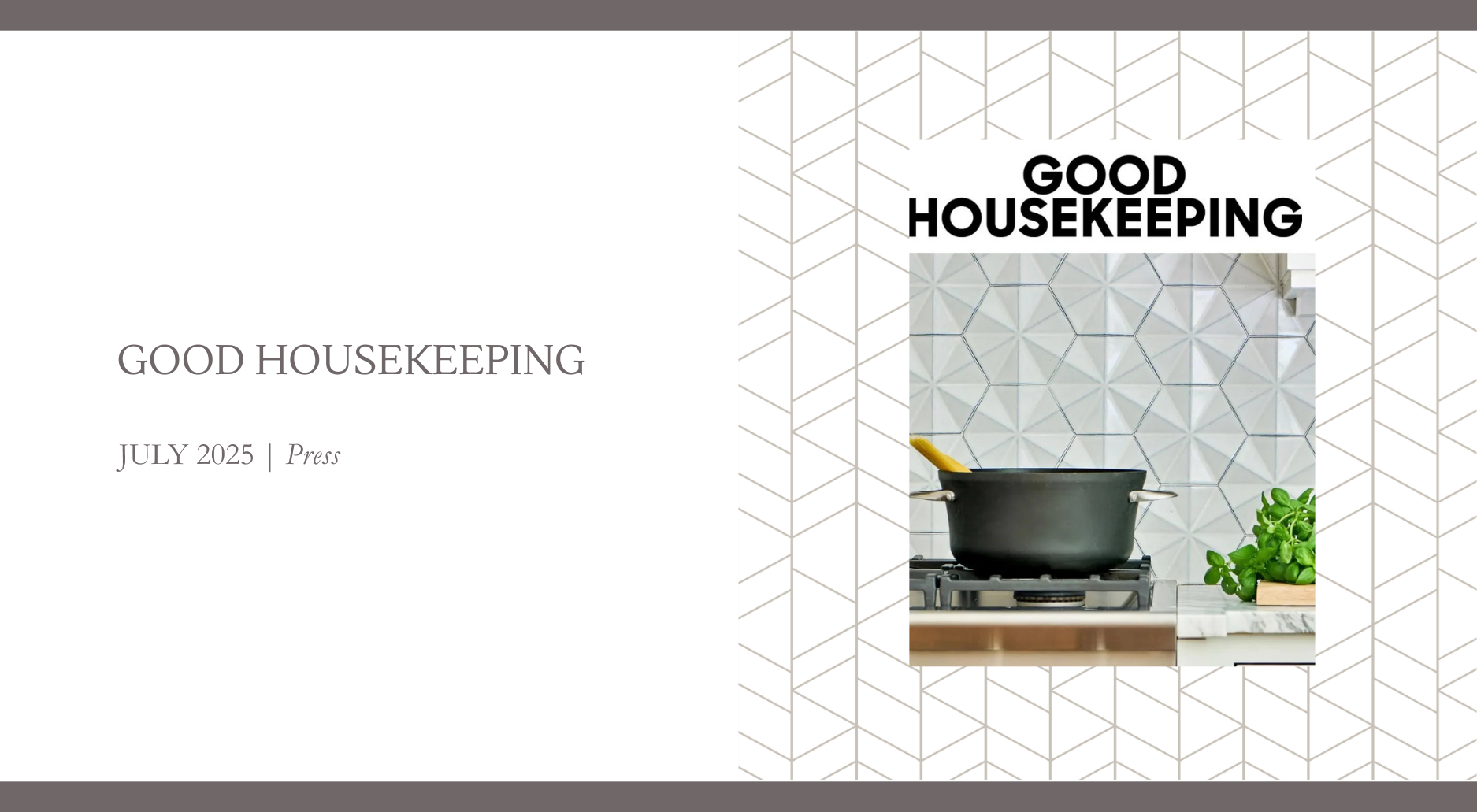 Modern kitchen with white hexagon tile backsplash, stainless gas range, black pot on stove, and fresh basil on marble countertop, featured in Good Housekeeping.