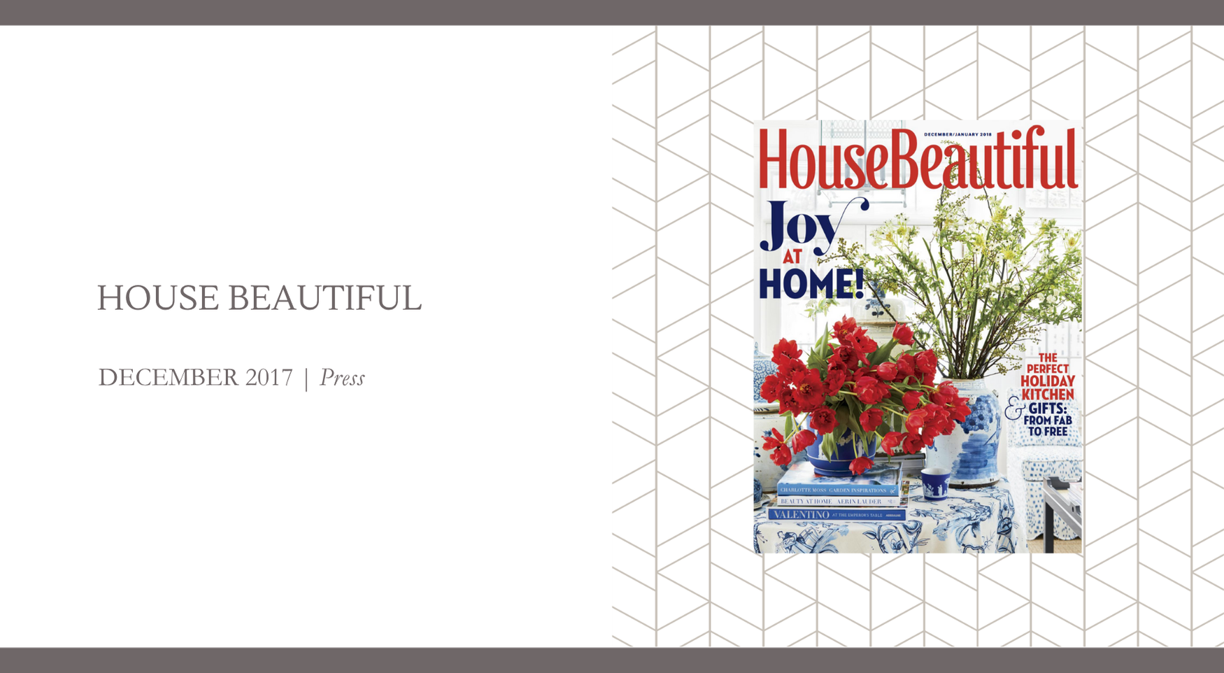 House Beautiful December 2017 issue cover featuring holiday florals and blue-and-white decor.