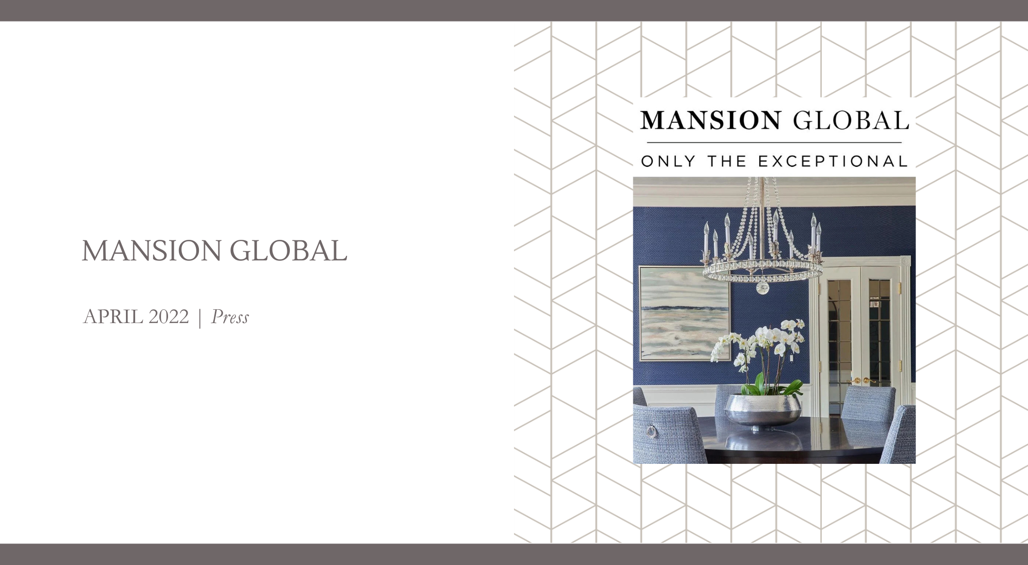 Elegant blue dining room with crystal chandelier, modern upholstered chairs, and floral centerpiece, designed by Georgia Zikas and featured in Mansion Global, April 2022.