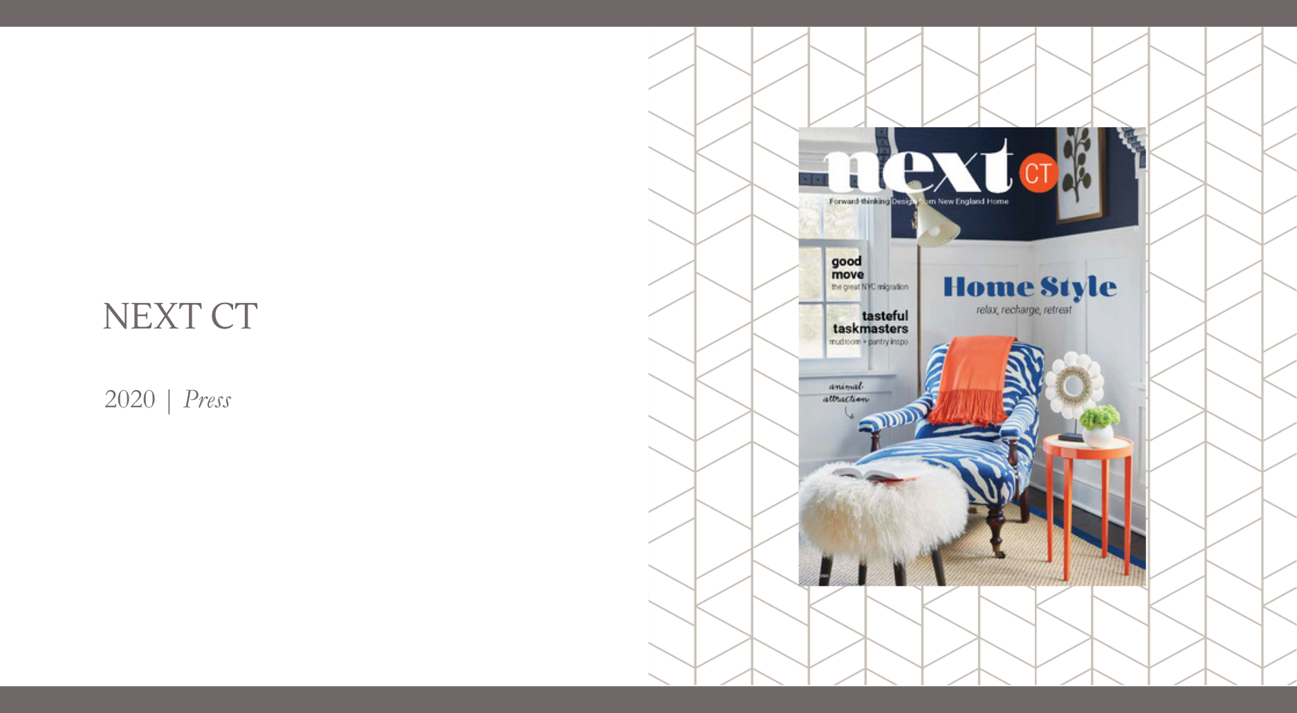Next CT magazine 2020 feature showcasing a vibrant sitting area designed by Georgia Zikas Design with bold blue pattern, orange accents, and layered textures.