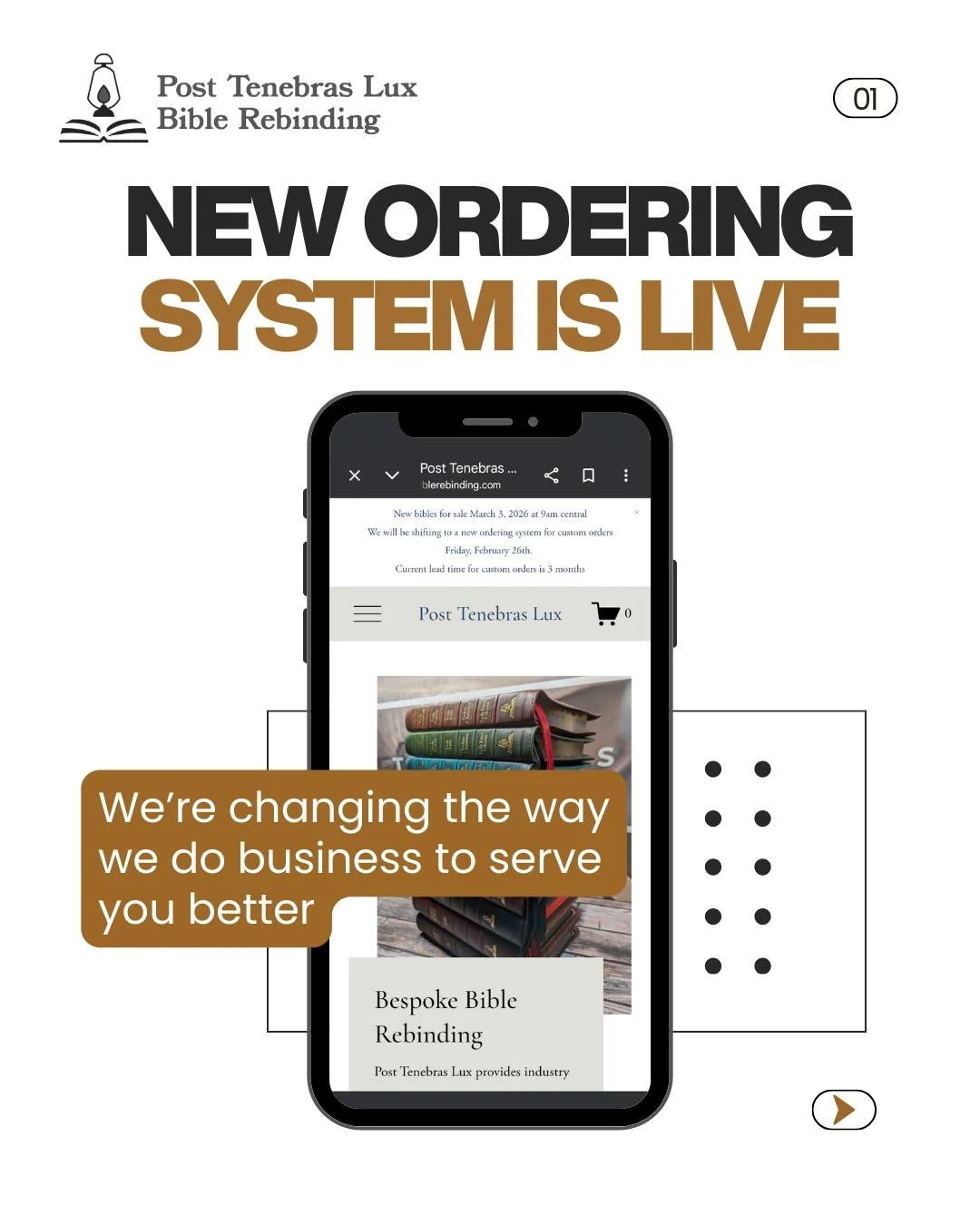 Our new ordering system is live!

The biggest new change is that we now have a category we call "Made to Order" - All you have to do to order is choose one of the bibles we have in stock and one of the pre-built designs we have chosen. We'l