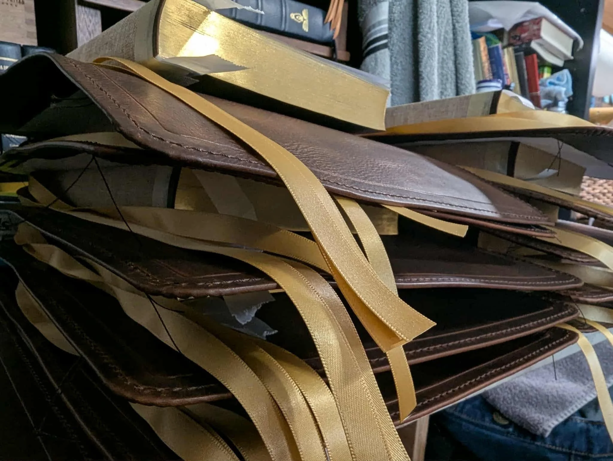 Last step today on this stack. We had an order of 30 bibles, all done the same way, that will be given as gifts to pastors and missionaries in Guatemala. These are the first 10.