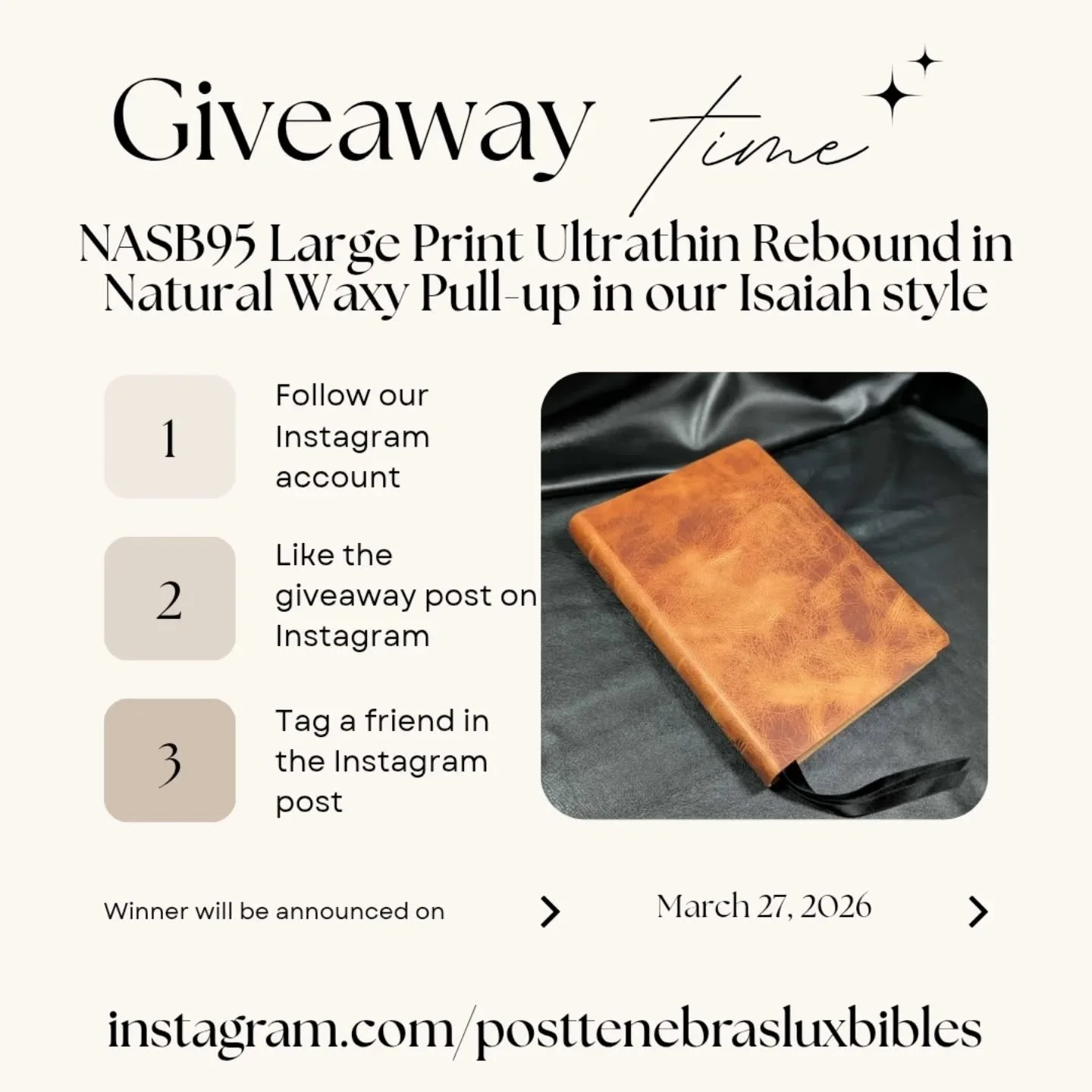 We are giving away this Lockman NASB 1995 Large Print Ultrathin Rebound in Natural Waxy Pull-up in our Isaiah line style - a more rustic rebind with full grain cowhide. To enter the giveaway, follow our Instagram account, like this post, and tag a fr