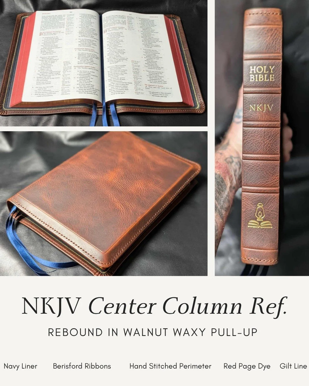 Walnut &amp; Navy Colorway - you can order this Colorway in our Ready to Made shop for one of our stock bible choices or duplicate it with a Bible you send in through our Custom Order shop. Don't forget we're currently running a $50 off sale with the