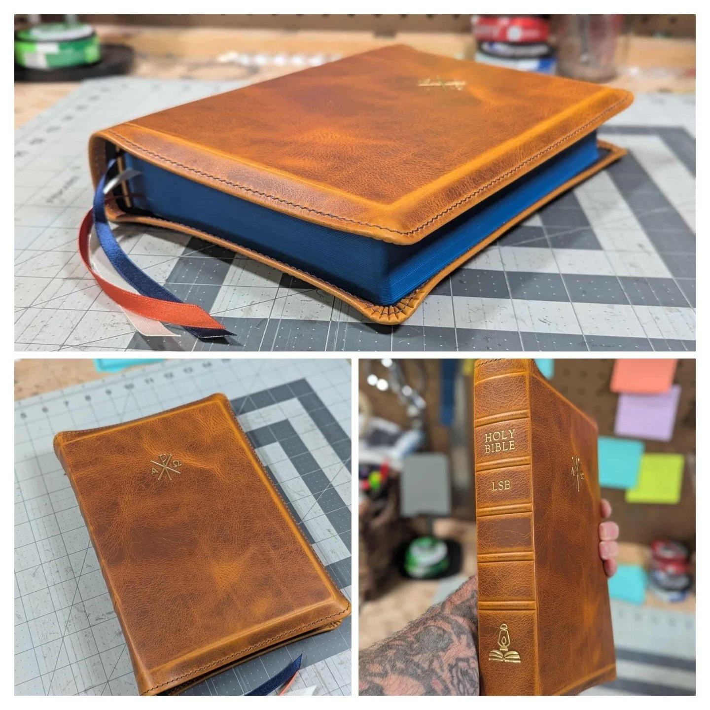 👀 Here's what we can do with custom orders! Golden Yellow with navy blue accents on an LSB Journaling Bible. 

🗓️ We're currently scheduling new orders for August BUT 

🎉 WE HAVE NEWS! We will be moving into our new shop at the beginning of May!

