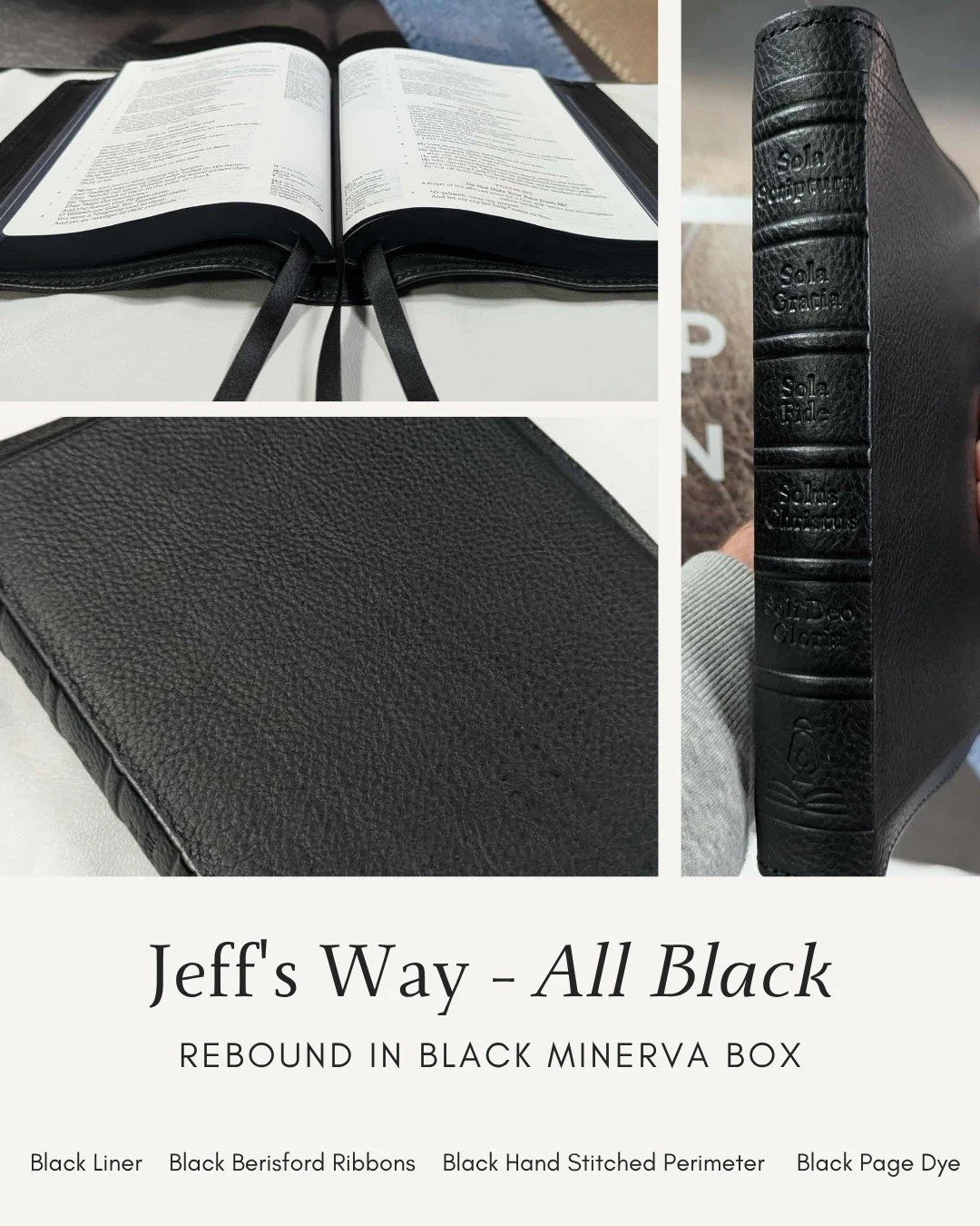 Also known as the Johnny Cash style, our All Black design has become almost as iconic as the Man in Black himself. Order one of our in stock bibles today under "Jeff's Way" on our website or send in your own Bible for the All Black style th