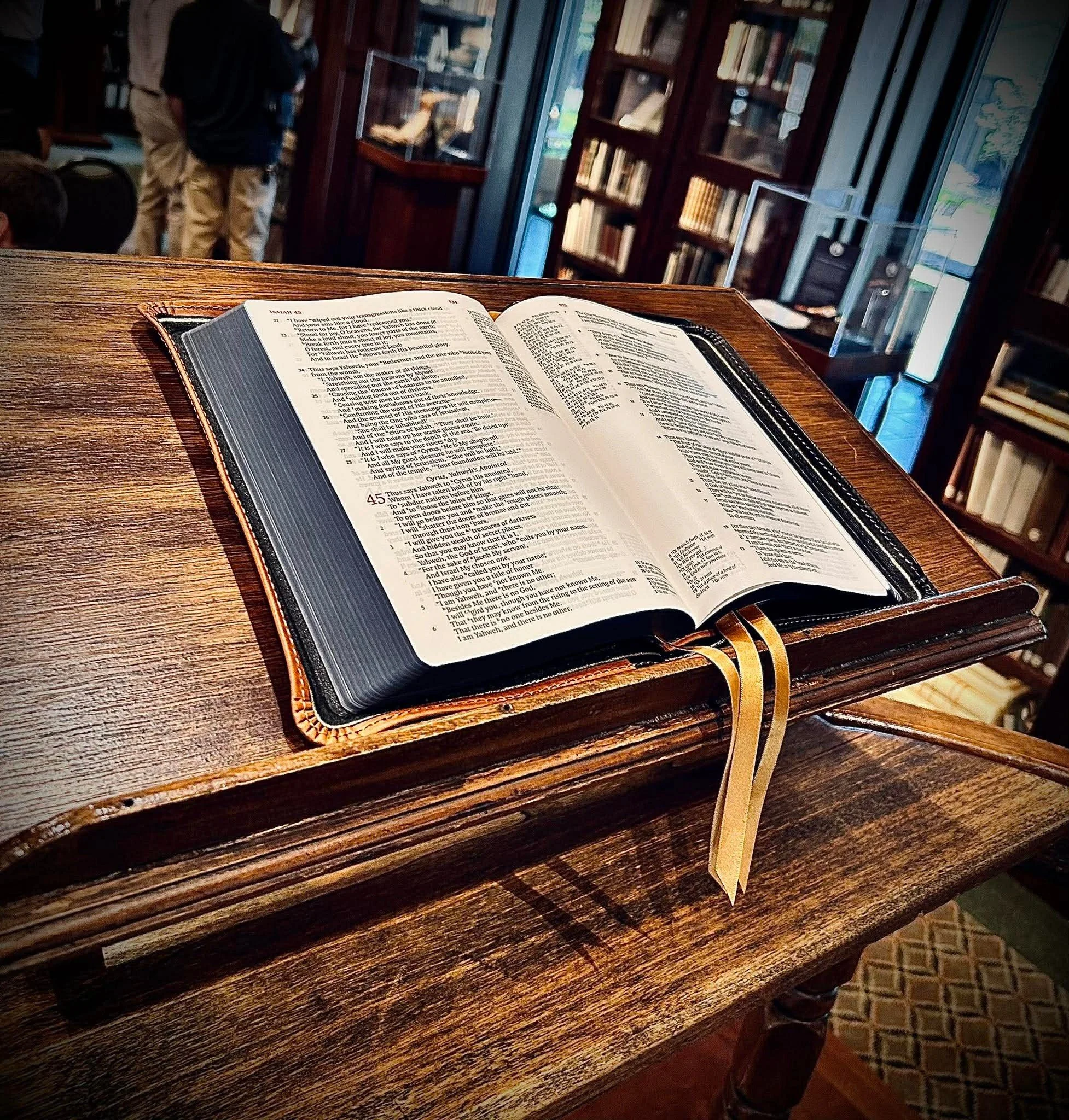 Customer Dustin Hunziker sent in these gorgeous pictures of one of our rebinds with the following message: 

"I thought you might enjoy seeing one of your beautiful rebinds resting on Spurgeon&rsquo;s rail pulpit. This was taken at the Spurgeon 