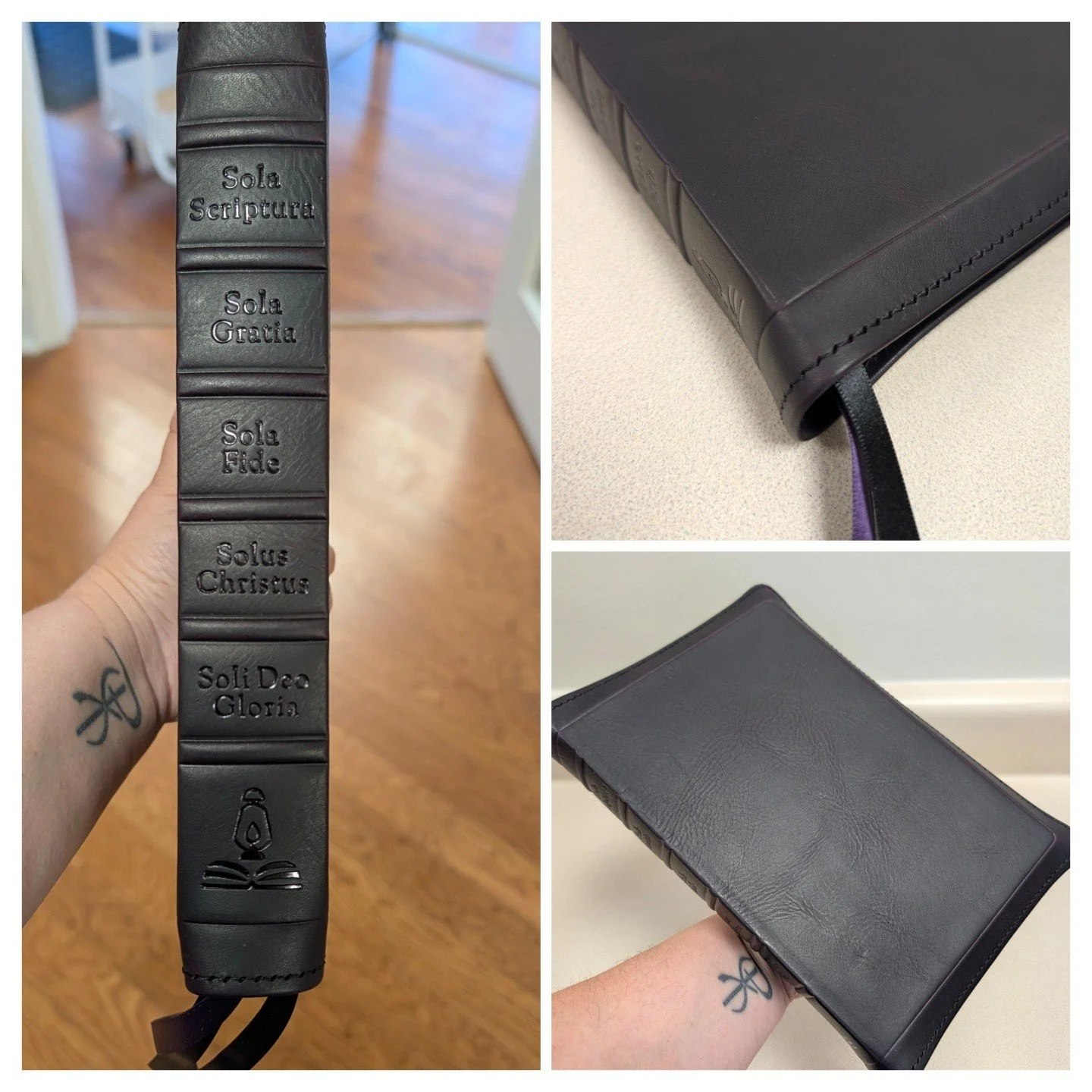 Here's a custom order that went out last week: 

Violet Badalassi Carlo waxy pullup with black stamping, Black and Blackberry ribbons, black stitching