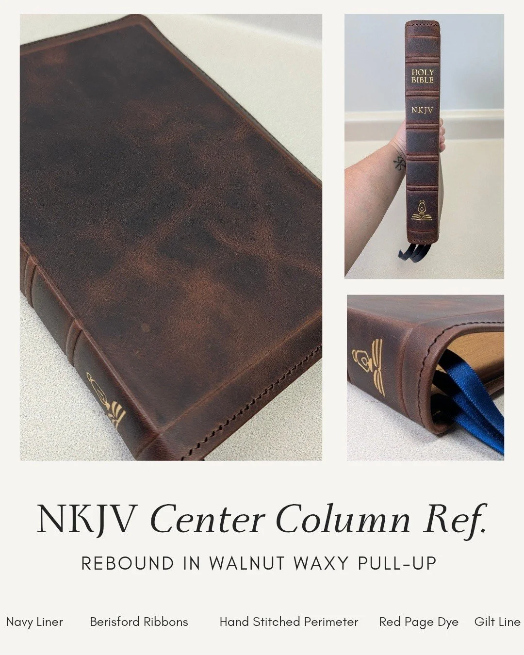 📷: NKJV classic center column reference rebound in Walnut waxy pull-up cowhide with navy accents and gold stamping. Pictured is the semi-yapp version, and we also have a standard yapp available now in our shop. 

Instagram: link to our website in bi