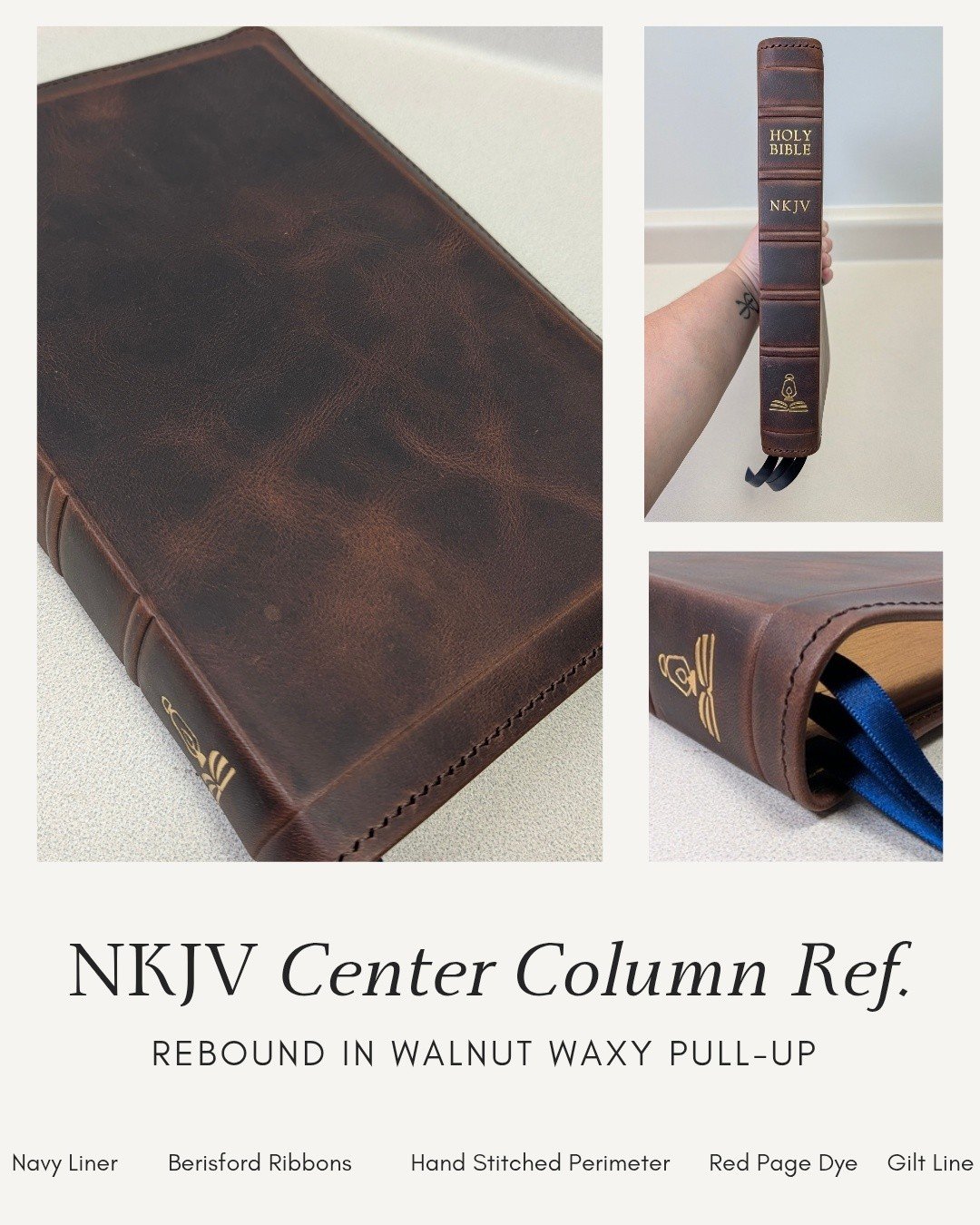 📷: NKJV classic center column reference rebound in Walnut waxy pull-up cowhide with navy accents and gold stamping. Pictured is the semi-yapp version, and we also have a standard yapp available now in our shop. 

Instagram: link to our website in bi