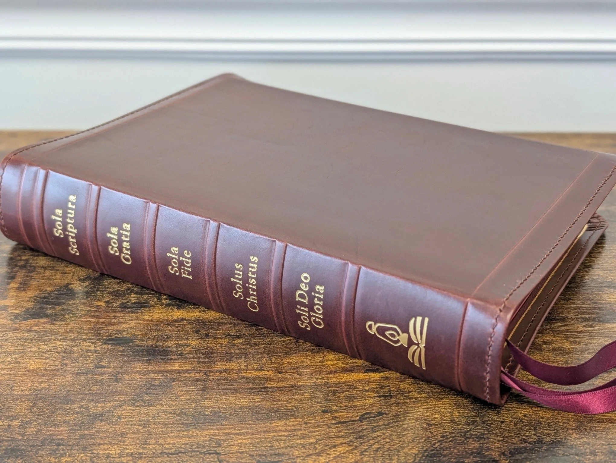 June 9th Drop 

Post #6

LSB Inside Column Reference rebound in British Tan Double Shot with the Five Solas on the spine 

Every bible features a reinforced spine, Oxford hollow, hand stitched perimeter, high end leather, and Berisford double satin r