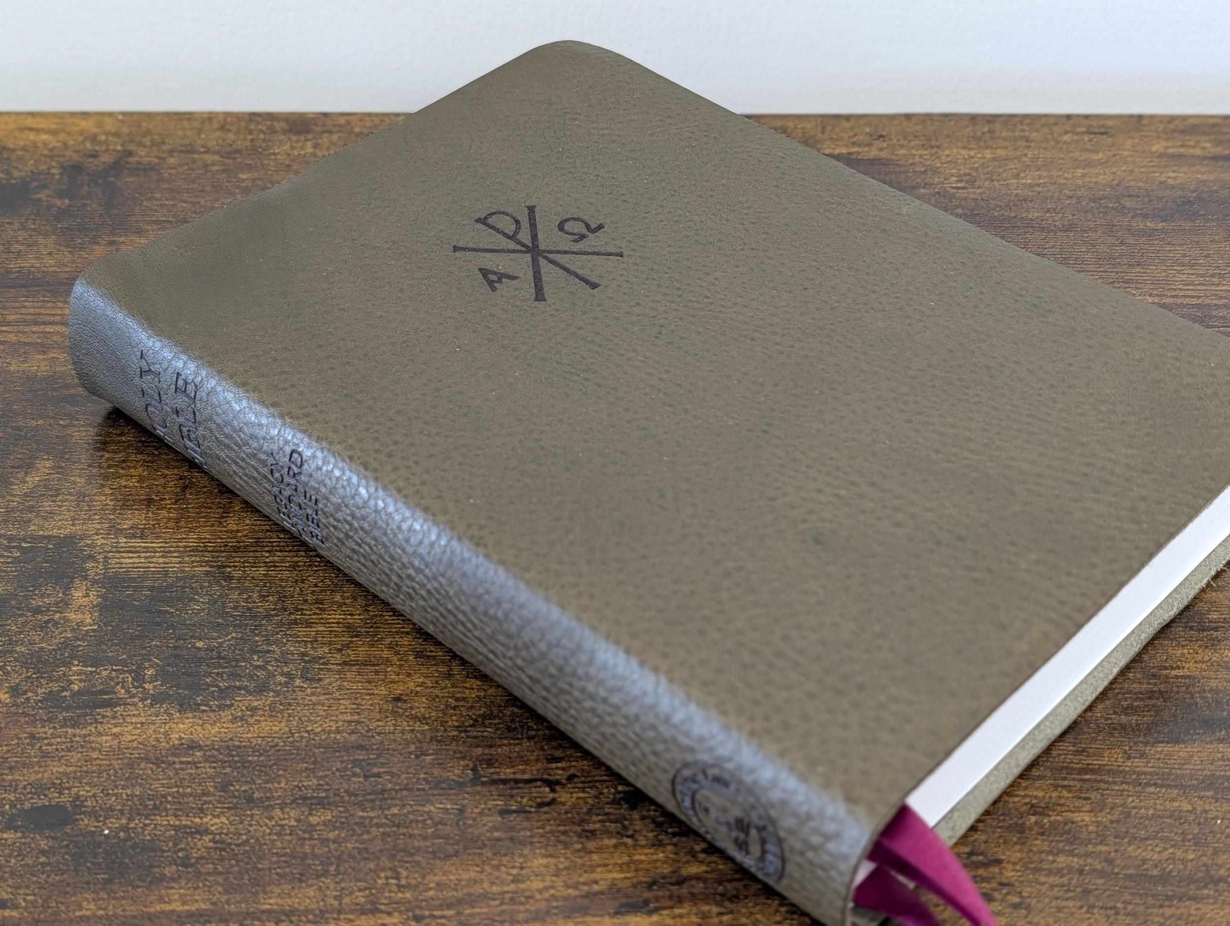 Grey with burgundy ribbons, Chi Rho