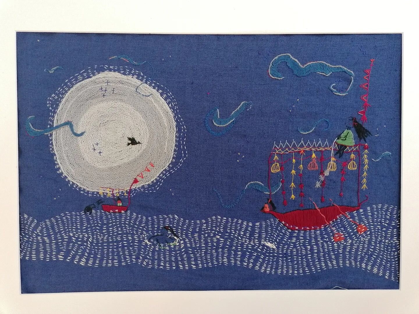 The Bright Night.

Slightly defeated by the darkness of the blue fabric. Next time I'll work some bold, bright folky patterns on it and save myself hours and hours of stitching and unstitching!

A2 size available. Please contact me for further detail