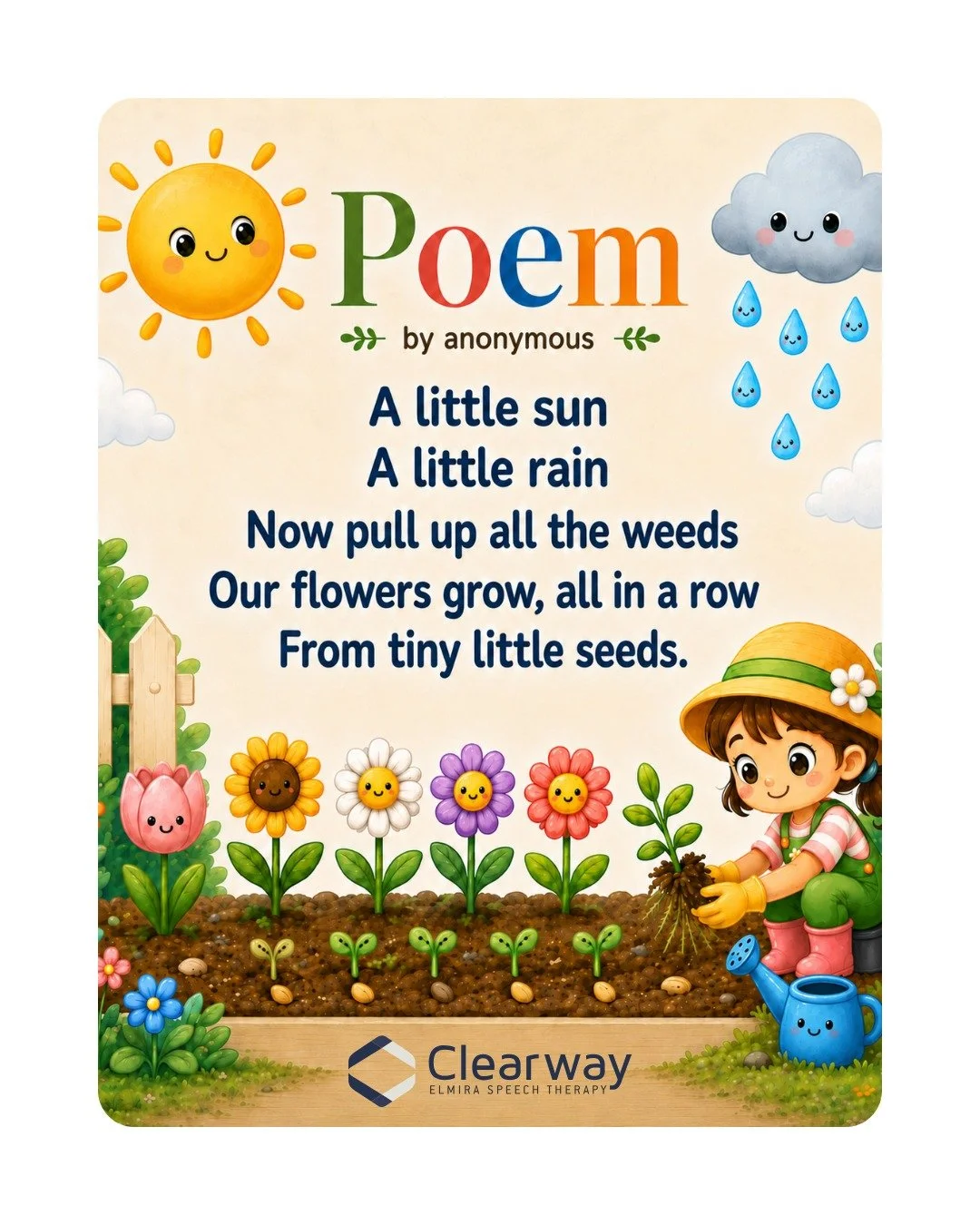 Poems are a simple way to build early sound awareness at home or in therapy.

Try reading this poem together and listening for rhyming words:
&ldquo;Sun and rain ➡ do those rhyme?&rdquo;
&ldquo;Weeds and seeds ➡ do those rhyme?&rdquo;

Many children 