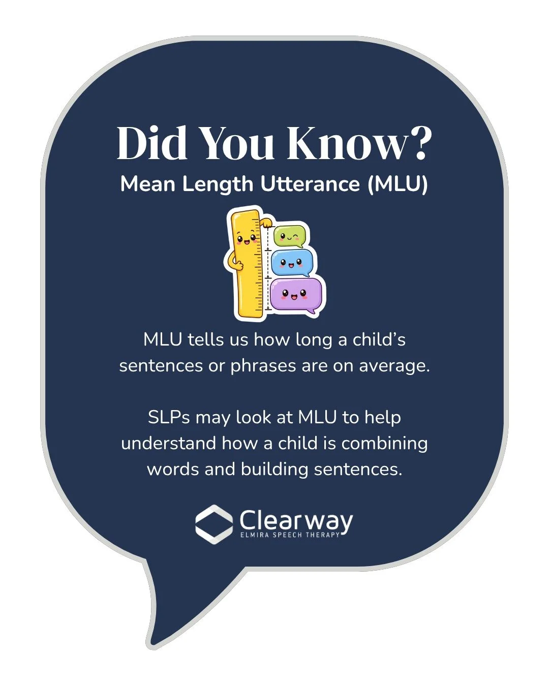 MLU helps us see how little words grow into bigger messages!

Clearway Speech. Confident Futures.
🌐 www.clearwayspeech.com
✉️ rachelmckee@clearwayspeech.com
📞 519-588-0952

#TheSpeechPlace #ClearwaySpeech #ClearwayKids #ElmiraSpeechTherapy #StickyS