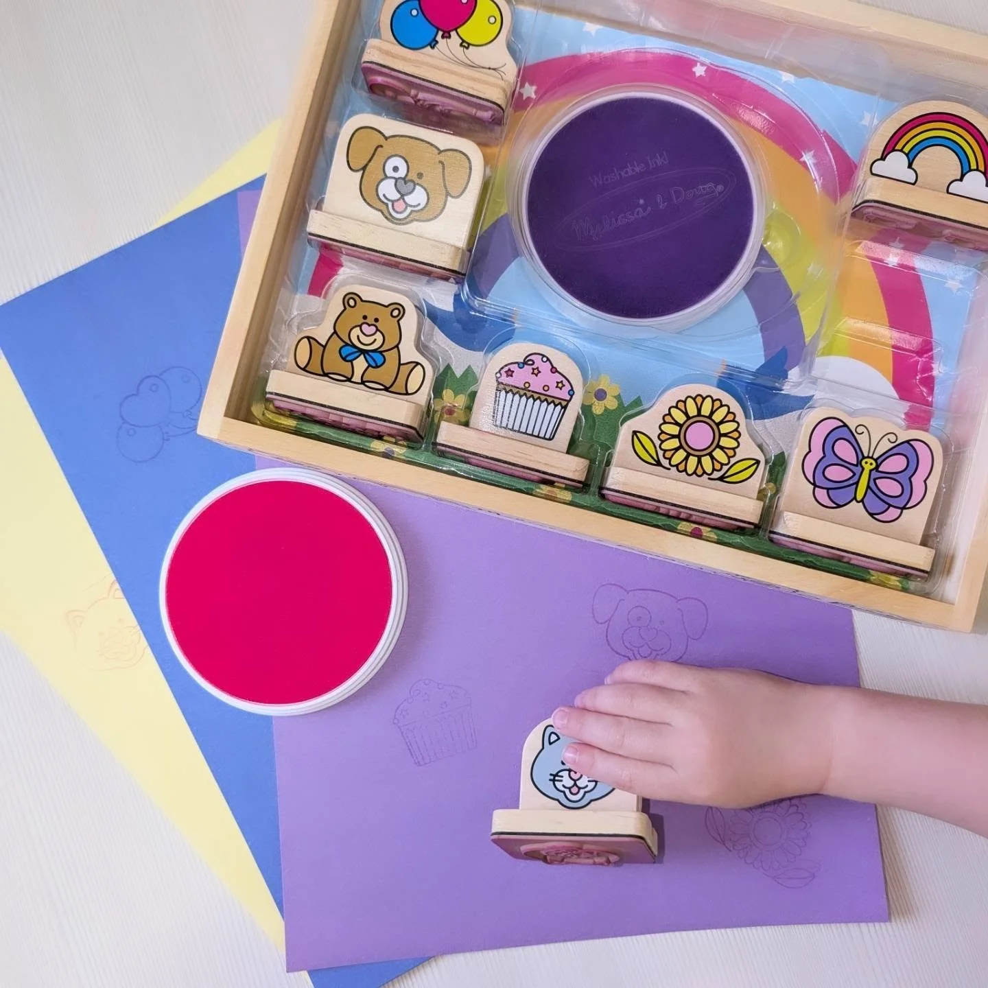 Stamps are a simple way to practice following directions during play.

You can adjust the directions depending on your child&rsquo;s level:

&ldquo;Stamp the dog.&rdquo;
&ldquo;Put the flower on the blue paper.&rdquo;
&ldquo;Stamp the cat, then the b