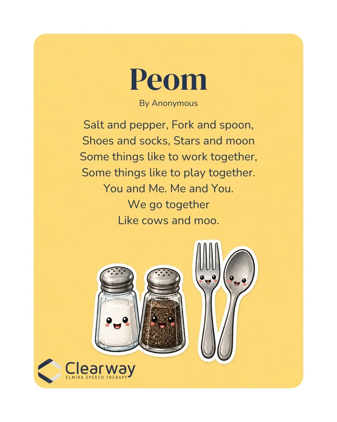 A few minutes of shared reading each day can make a big difference.

Poems are a fun way to introduce new vocabulary, encourage participation, and make language come alive. Enjoy sharing this one with your kids!

🌐 www.clearwayspeech.com
✉️ rachelmc