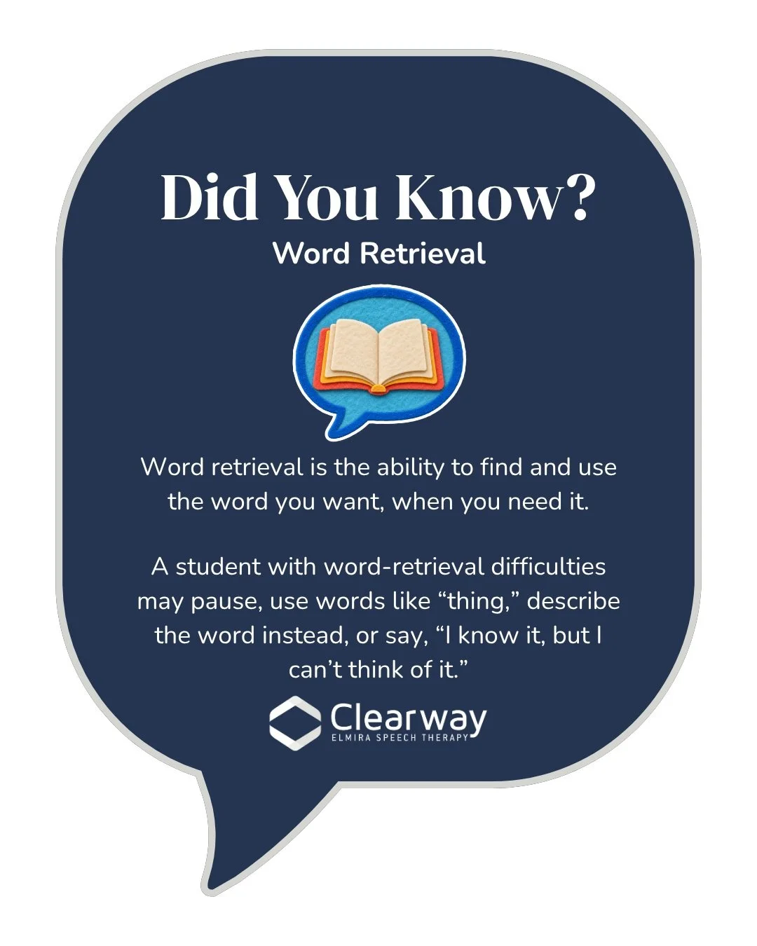 SLPs and CDAs can help students learn strategies to find words and express their ideas!

Clearway Speech. Confident Futures.
🌐 www.clearwayspeech.com
✉️ rachelmckee@clearwayspeech.com
📞 519-588-0952

#TheSpeechPlace #ClearwaySpeech #ClearwayKids #E