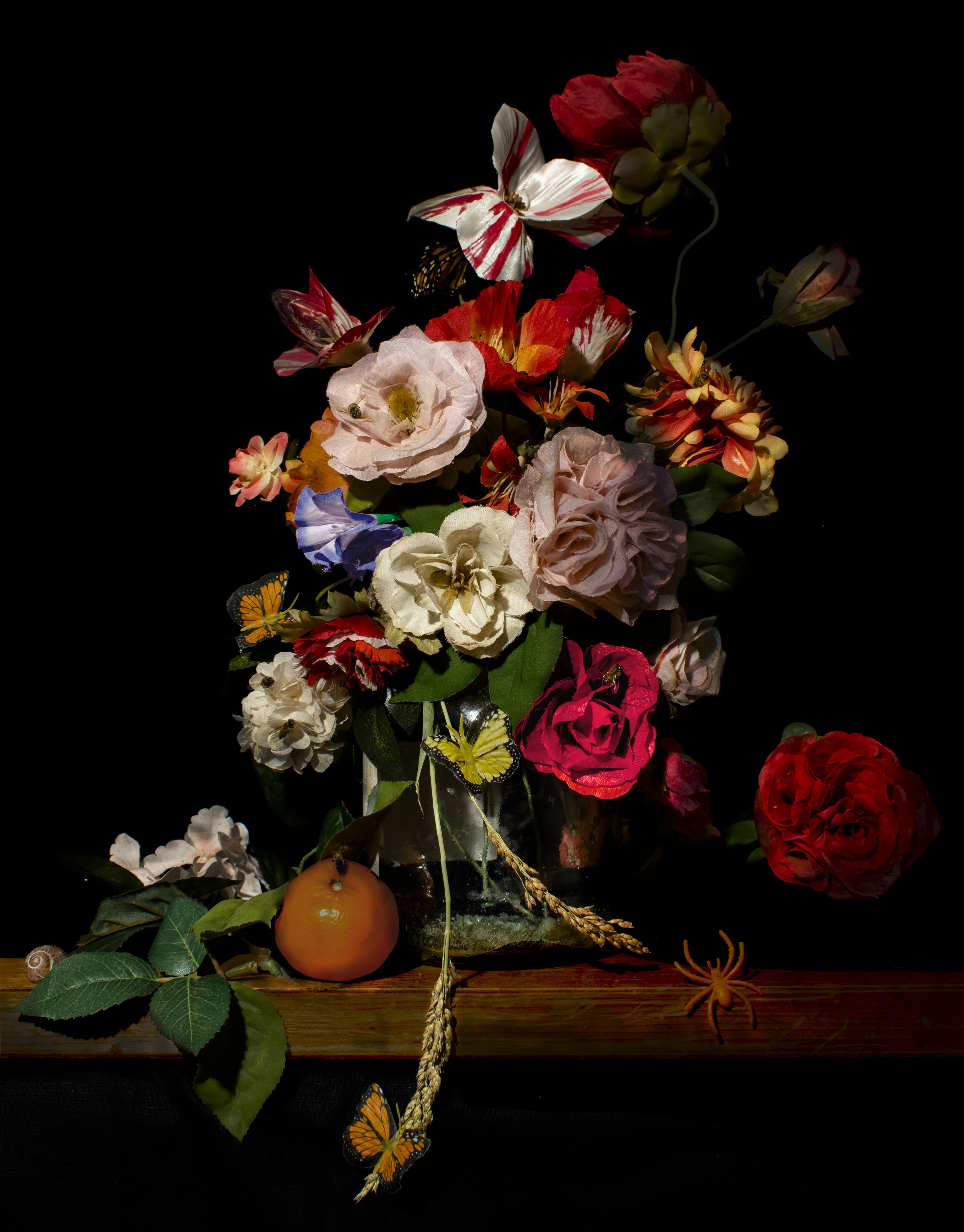 After Rachel Ruysch, "Fake flowers in an apple juice jar with plastic bugs and dead bees on found wood," archival pigment print, 2022