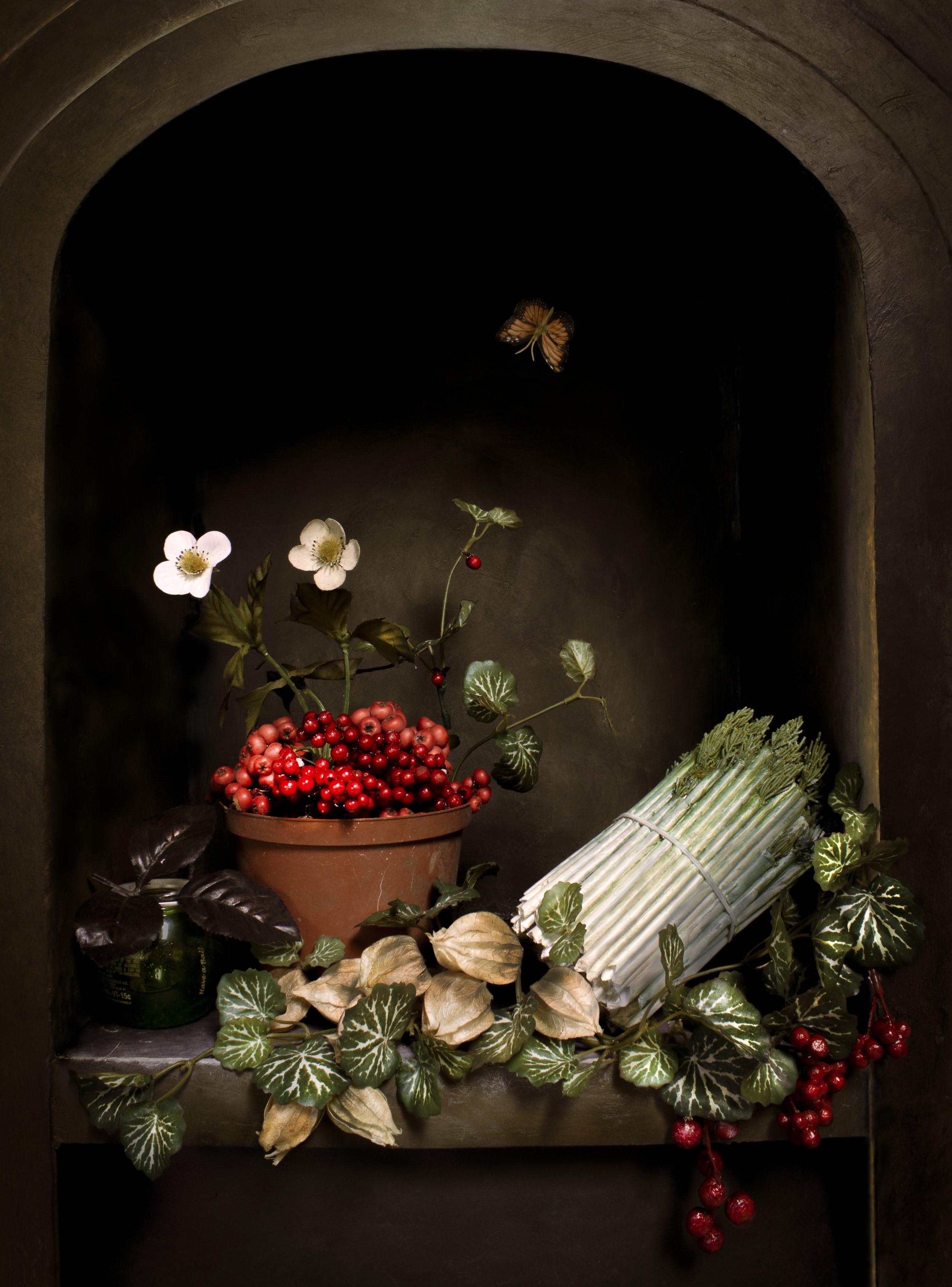 After Adrien Coorte, "Still life with plastic straw asparagus, a spray of gooseberries, a bowl of styrofoam berries and toyon, and a buzz ball in a niche," archival pigment print, 2022