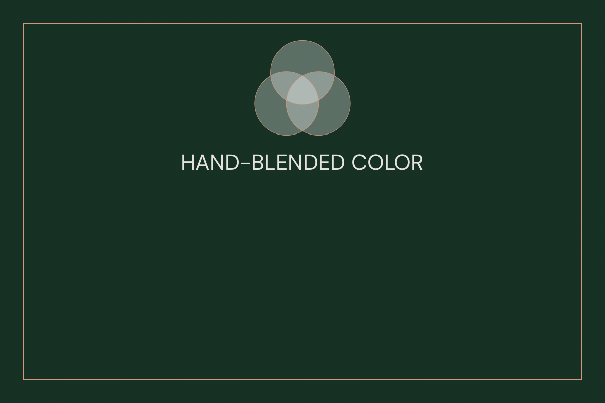 Slide with green background, three overlapping gray circles at the top center, and white text in the middle that reads "Hand-Blended Color" with a thin border around the slide.